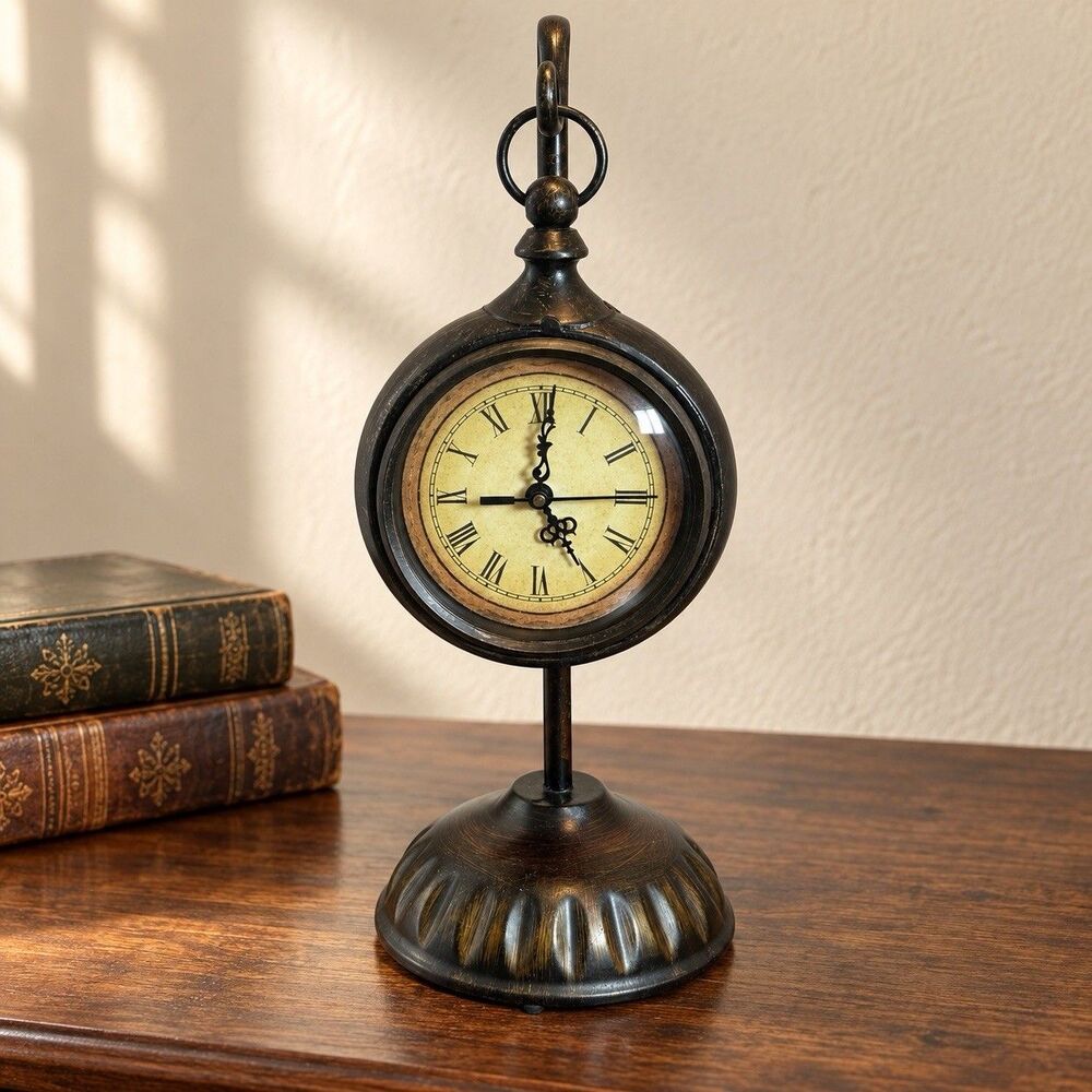 Young Town Quartz Standing Table Clock Pocket Watch Design Bronze Roman Numerals